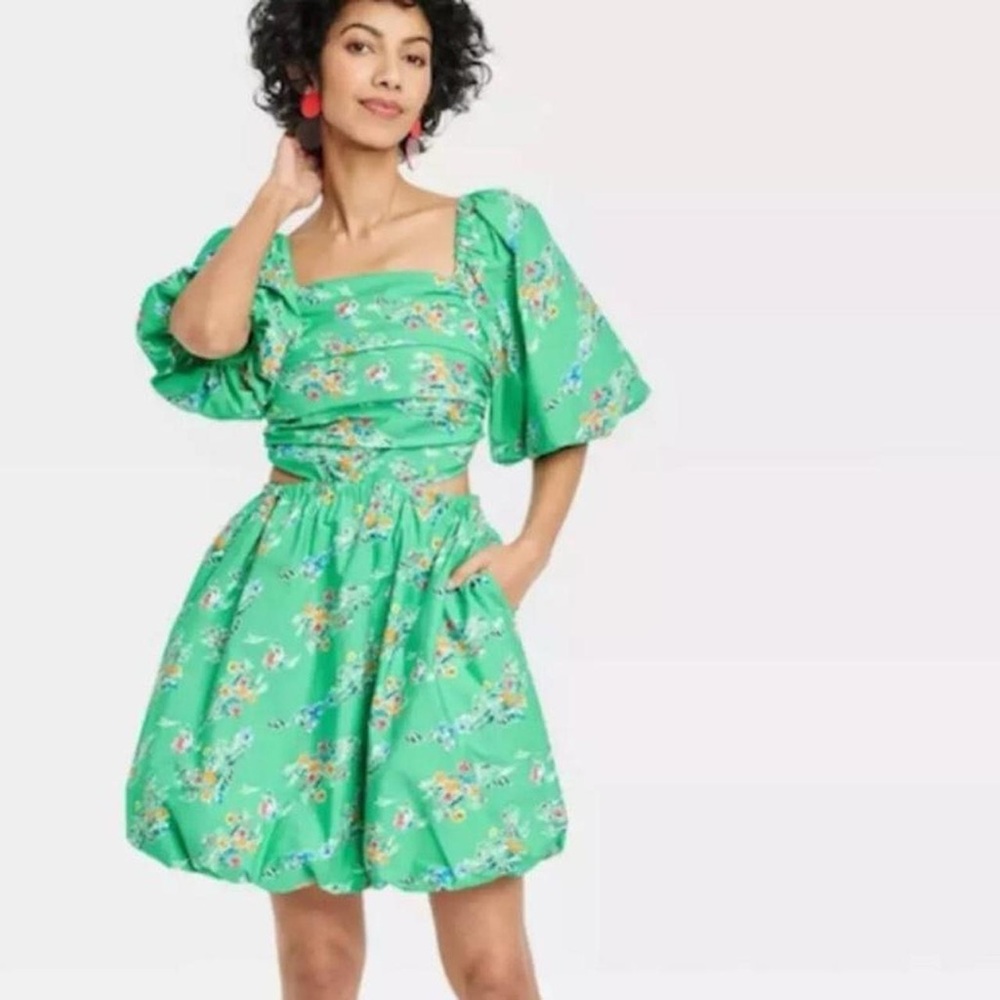 A New Day Puff Sleeve Square Neck Floral Green Dress